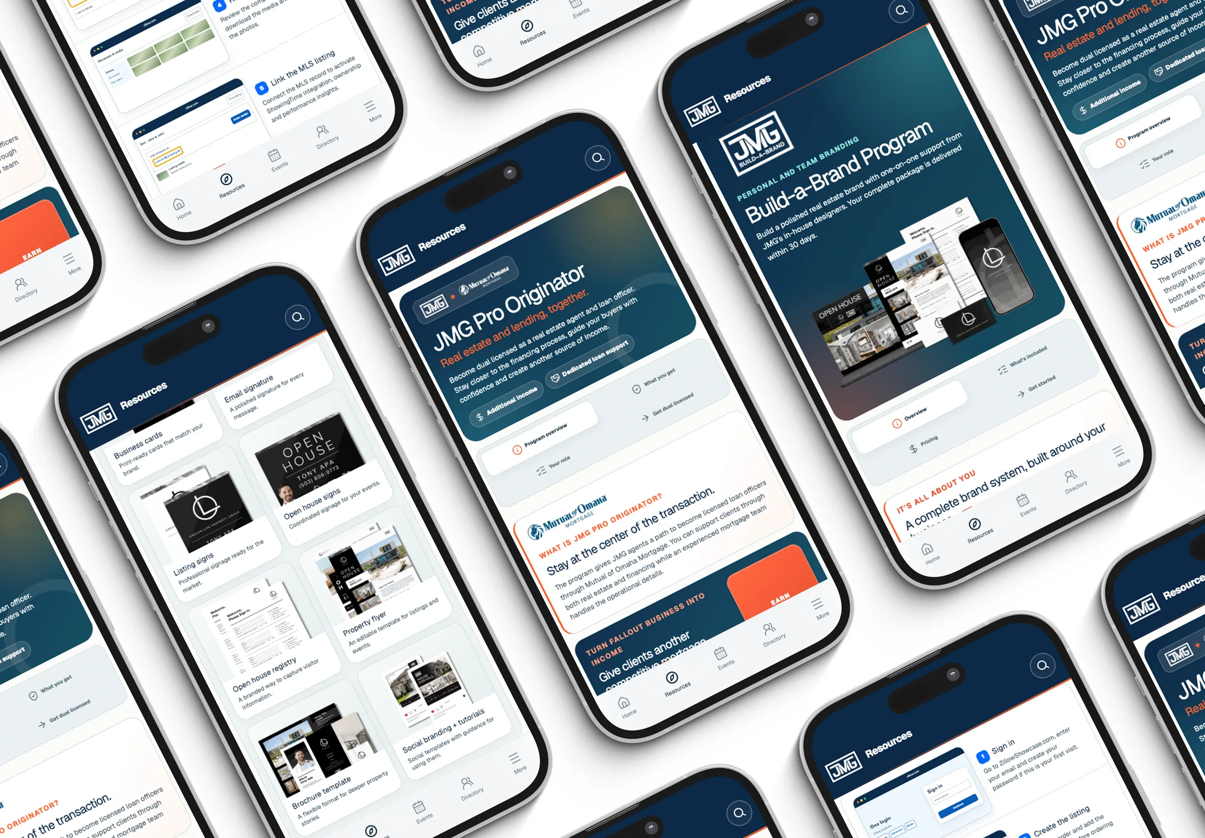JMG app screens for Pro Originator and the Build-a-Brand program