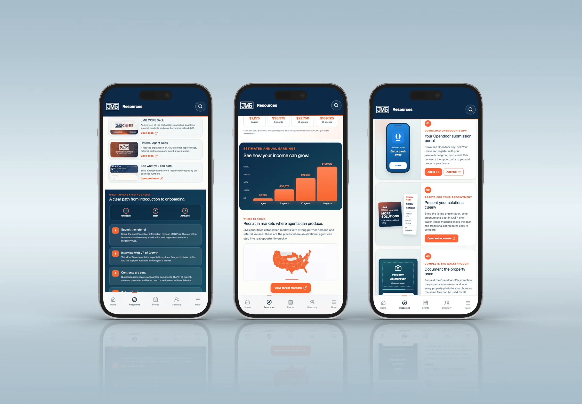 JMG app screens for referral decks, the earnings estimator and the Opendoor workflow