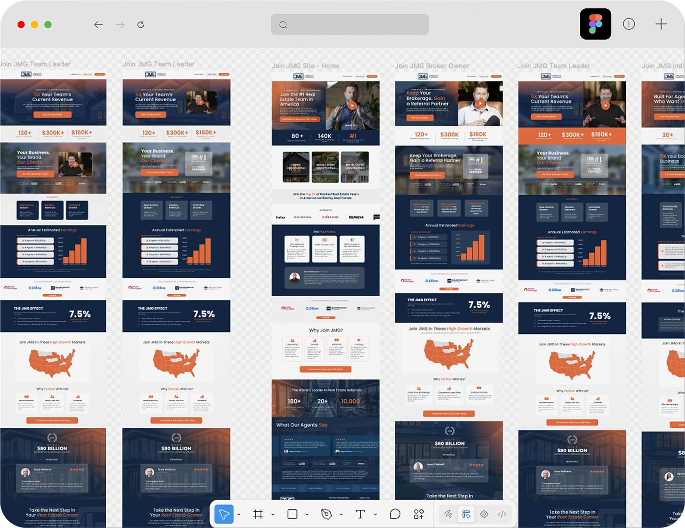 Earlier Figma explorations for the Join JMG home, broker owner, team leader and agent pages