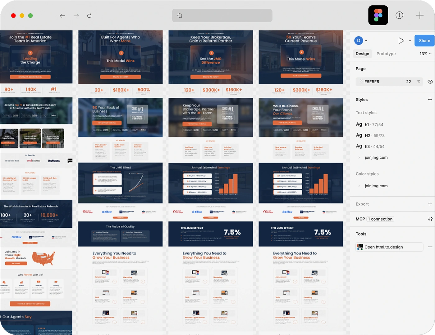 Figma file with Join JMG page designs and the site’s text and color styles